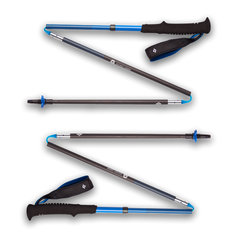 Distance Carbon Z Poles by Black Diamond in black and blue, lightweight 100% carbon foldable trekking poles for fast travel and running store use