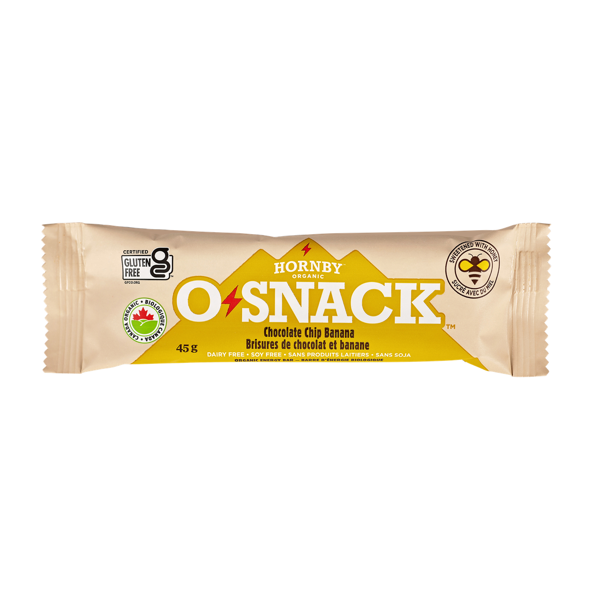 OSnack Chocolate Chip Banana by Hornby Organic, beige and yellow nutrition bar with chocolate chips, banana chips, and cinnamon, Canada-made