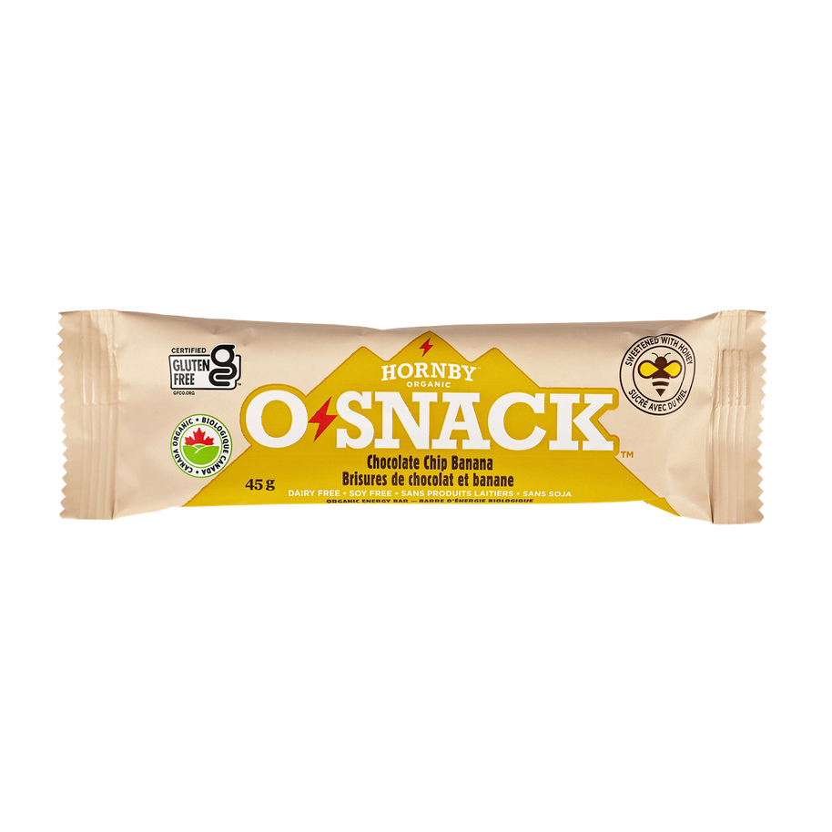 OSnack Chocolate Chip Banana by Hornby Organic, beige and yellow nutrition bar with chocolate chips, banana chips, and cinnamon, Canada-made