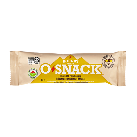 OSnack Chocolate Chip Banana by Hornby Organic, beige and yellow nutrition bar with chocolate chips, banana chips, and cinnamon, Canada-made