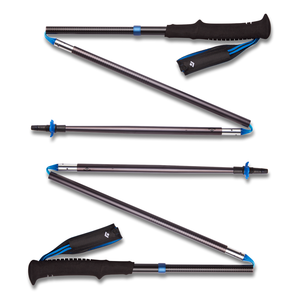 Distance Z Poles by Black Diamond in grey and blue, lightweight aluminum trekking poles with quick folding Z-Pole tech for trail running and hiking.