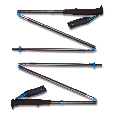 Distance Z Poles by Black Diamond in grey and blue, lightweight aluminum trekking poles with quick folding Z-Pole tech for trail running and hiking.