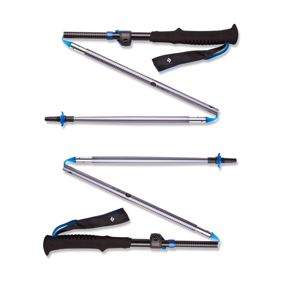 Distance FLZ Poles by Black Diamond in silver and black, lightweight foldable trekking poles with Flicklock, ideal for trail runs and hikes