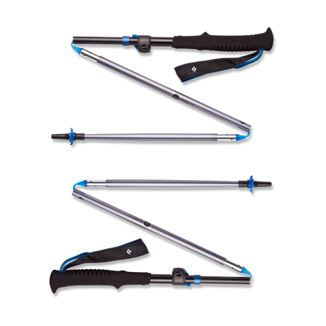 Distance FLZ Poles by Black Diamond in silver and black, lightweight foldable trekking poles with Flicklock, ideal for trail runs and hikes