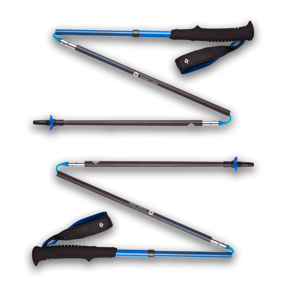 Distance Carbon Z Poles by Black Diamond in black and blue, lightweight foldable carbon poles for fast travel and trail running