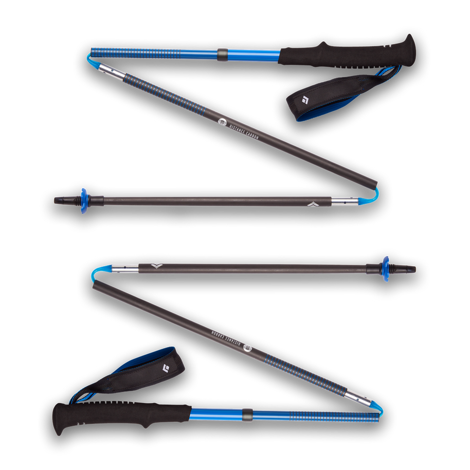 Distance Carbon Z Poles by Black Diamond in black and blue, lightweight foldable carbon poles for fast travel and trail running