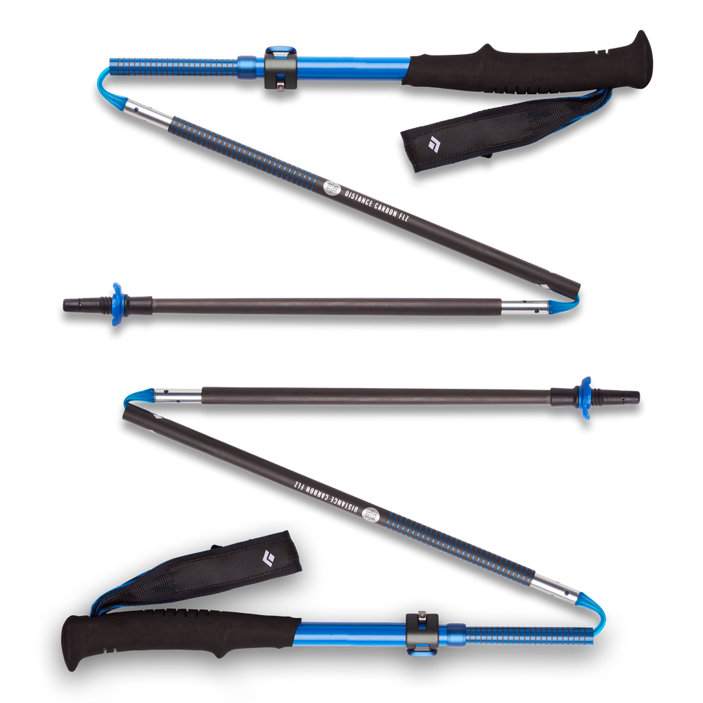 Distance Carbon FLZ Poles by Black Diamond in blue and black, folding carbon trekking poles with FlickLock Pro adjustability for versatile outdoor use