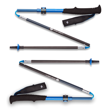 Distance Carbon FLZ Poles by Black Diamond in blue and black, folding carbon trekking poles with FlickLock Pro adjustability for versatile outdoor use