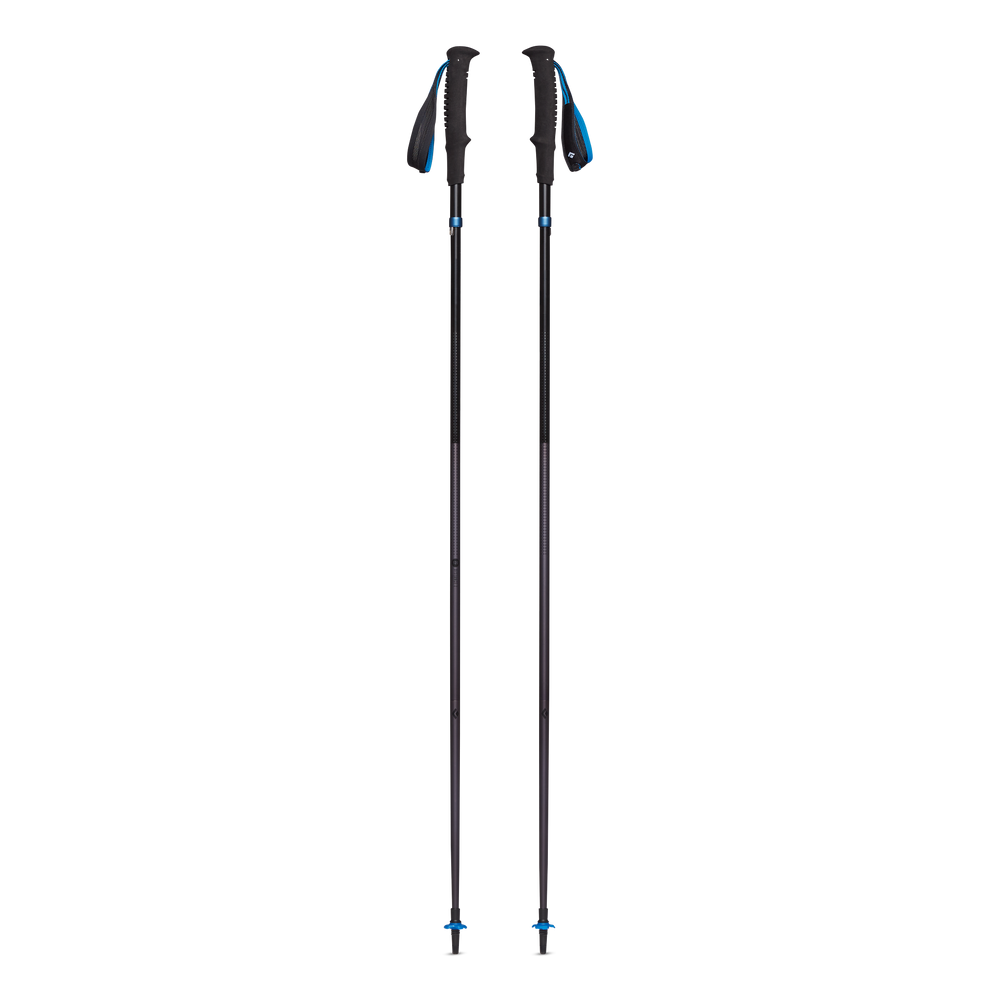 Distance Z Poles by Black Diamond in black and blue aluminum with quick collapsing Z-Pole tech, ideal for trail running and hiking support.