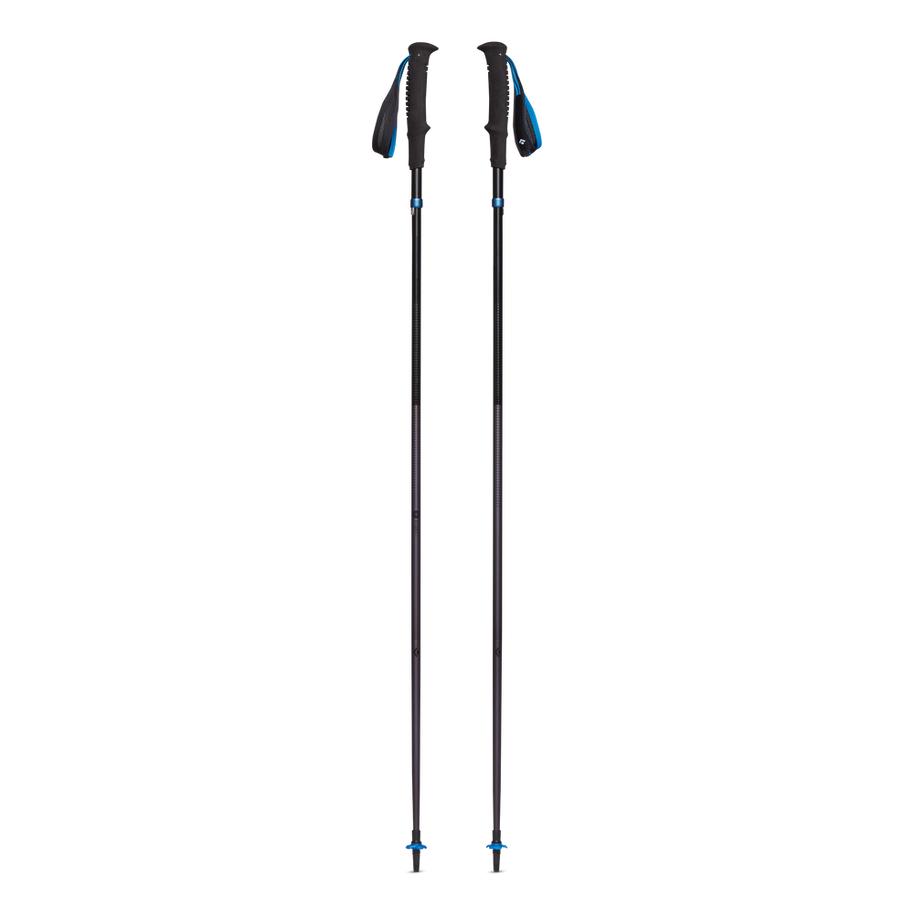 Distance Z Poles by Black Diamond in black and blue aluminum with quick collapsing Z-Pole tech, ideal for trail running and hiking support.