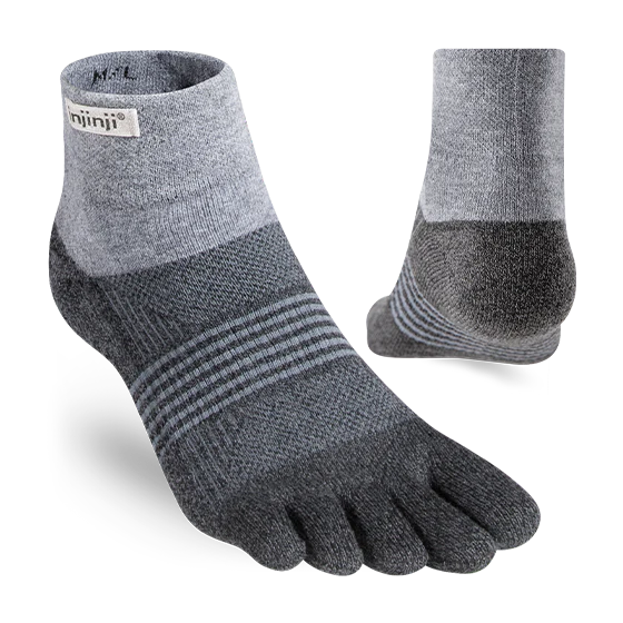 Trail Midweight Mini-Crew - Unisex by Injinji in grey, cushioned toesock designed for women running and hiking on uneven trails with support and comfort