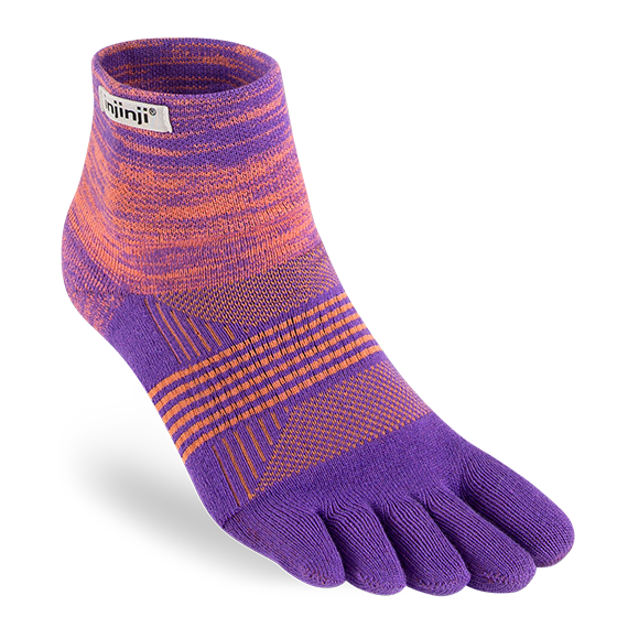 Trail Midweight Mini-Crew - Women by Injinji in purple and orange cushioned toesock designed for running and hiking on uneven trails.
