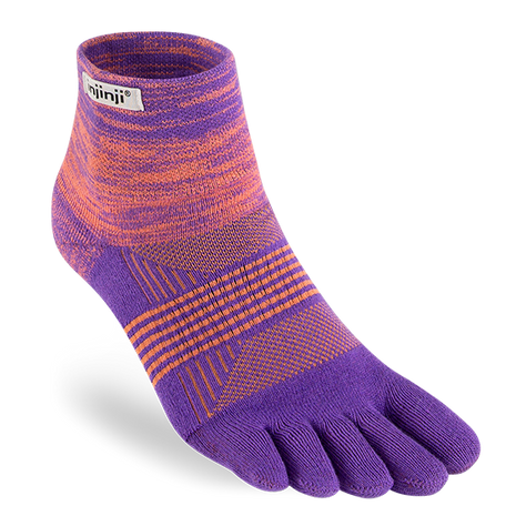 Trail Midweight Mini-Crew - Women by Injinji in purple and orange cushioned toesock designed for running and hiking on uneven trails.