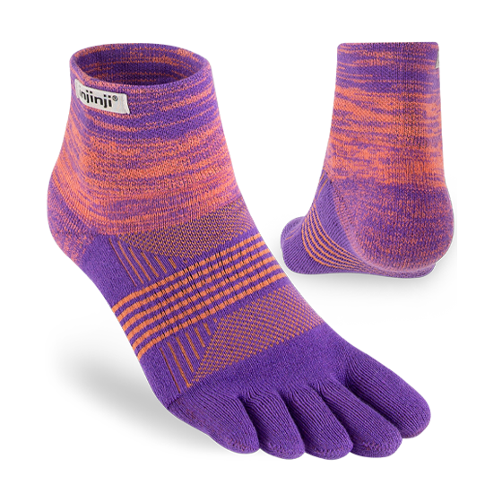 Trail Midweight Mini-Crew - Women by Injinji in purple and orange cushioned toesock for running and hiking on uneven trails with support and agility