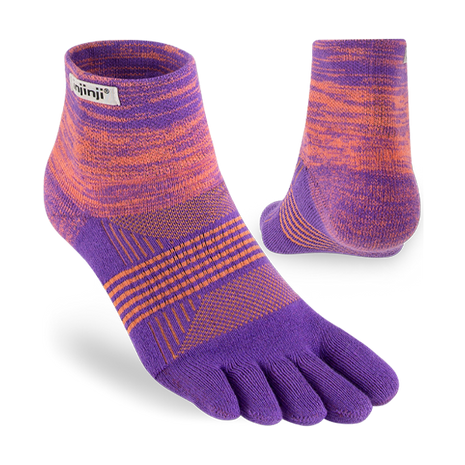 Trail Midweight Mini-Crew - Women by Injinji in purple and orange cushioned toesock for running and hiking on uneven trails with support and agility