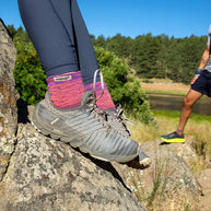 Trail Midweight Mini-Crew - Women by Injinji in purple and pink cushioned toe socks for running and hiking on uneven trails with support and agility