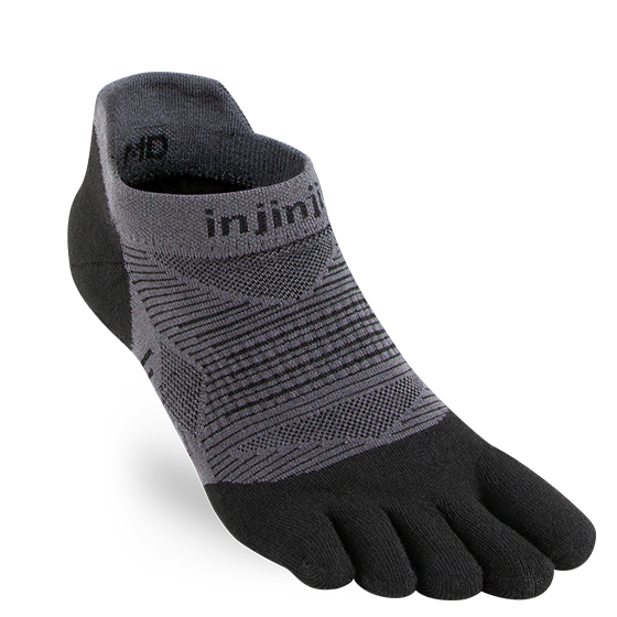 Injinji Run Lightweight No-Show Unisex sock in black and gray with five-toe design for blister-free running on all surfaces
