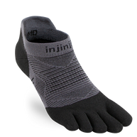 Injinji Run Lightweight No-Show Unisex sock in black and gray with five-toe design for blister-free running on all surfaces