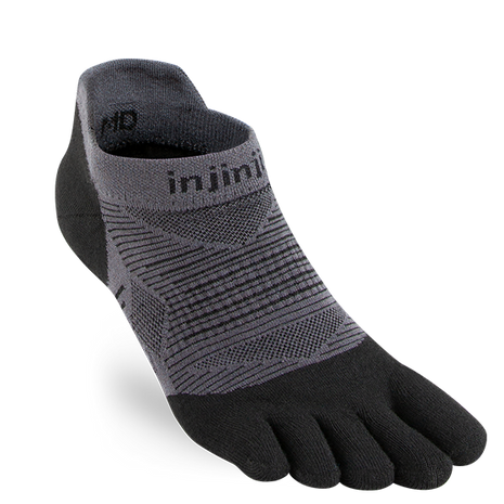 Injinji Run Lightweight No-Show Unisex sock in black and gray with five-toe design for blister-free running on all surfaces
