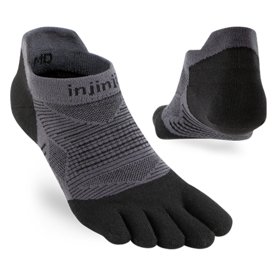 Injinji Run Lightweight No-Show - Unisex black and gray five-toe socks designed for running with blister prevention and low bulk ideal for all surfaces