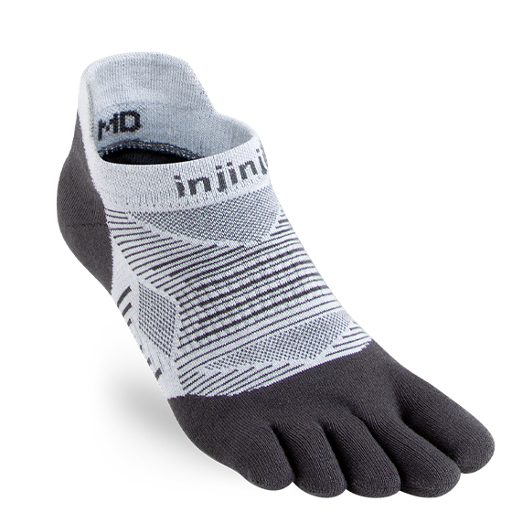 Injinji Run Lightweight No-Show - Unisex grey five-toe running socks designed for blister prevention and versatile surface use in running store Canada
