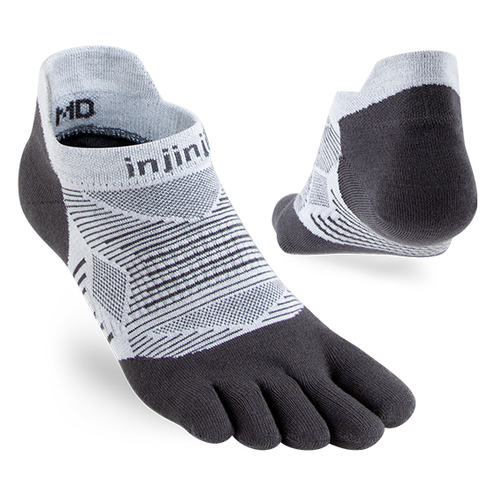 Injinji Run Lightweight No-Show - Unisex black and white toe socks designed for blister prevention and versatile running performance