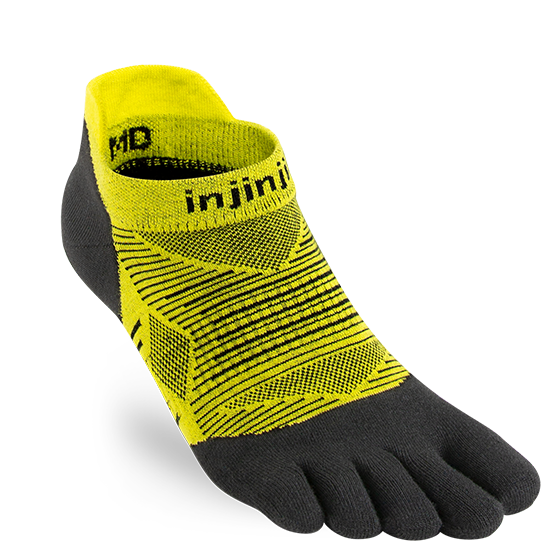 Injinji Run Lightweight No-Show - Unisex black and yellow five-toe sock designed for running with low bulk and blister prevention, ideal for all surfaces and runs.