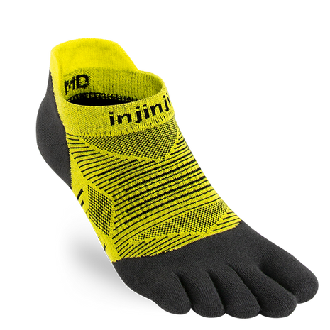 Injinji Run Lightweight No-Show - Unisex black and yellow five-toe sock designed for running with low bulk and blister prevention, ideal for all surfaces and runs.