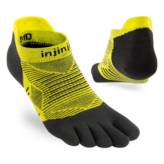 Injinji Run Lightweight No-Show - Unisex yellow and black five-toe socks for running, low bulk, blister prevention, ideal for all surfaces