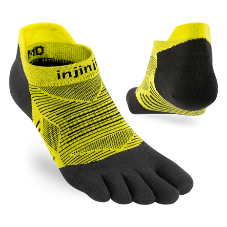 Injinji Run Lightweight No-Show - Unisex yellow and black five-toe socks for running, low bulk, blister prevention, ideal for all surfaces