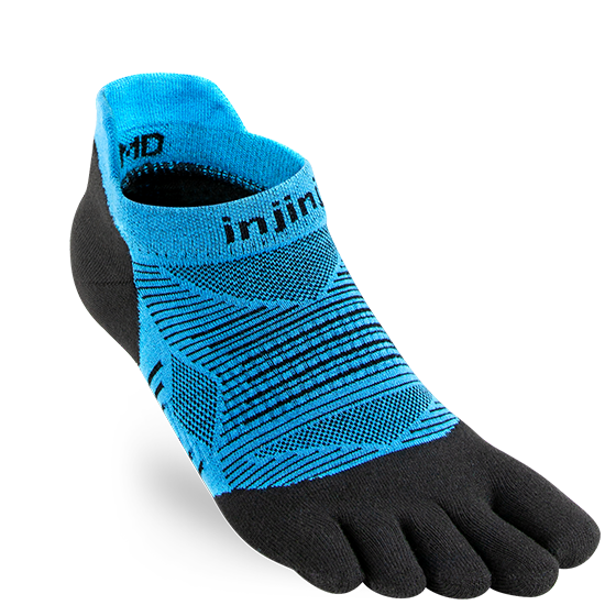 Injinji Run Lightweight No-Show - Unisex blue and black five-toe sock designed for running, reducing friction and preventing blisters on all surfaces