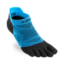 Injinji Run Lightweight No-Show - Unisex blue and black five-toe sock designed for running, reducing friction and preventing blisters on all surfaces