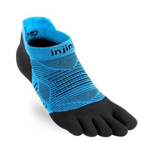 Injinji Run Lightweight No-Show - Unisex blue and black five-toe sock designed for running, reducing friction and preventing blisters on all surfaces