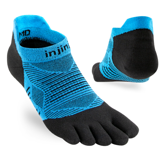 Injinji Run Lightweight No-Show - Unisex blue and black five-toe running socks designed for blister prevention and versatile surfaces.