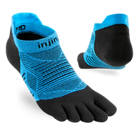 Injinji Run Lightweight No-Show - Unisex blue and black five-toe running socks designed for blister prevention and versatile surfaces.