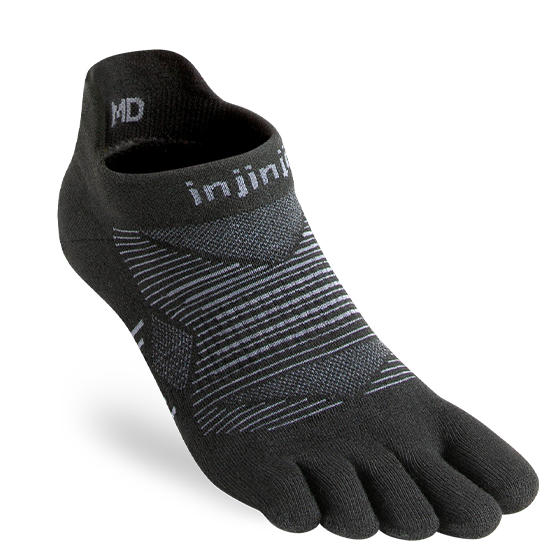Injinji Run Lightweight No-Show - Unisex black five-toe running sock designed for blister prevention and all-surface performance runs