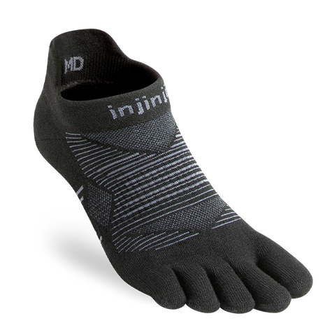 Injinji Run Lightweight No-Show - Unisex black five-toe running sock designed for blister prevention and all-surface performance runs