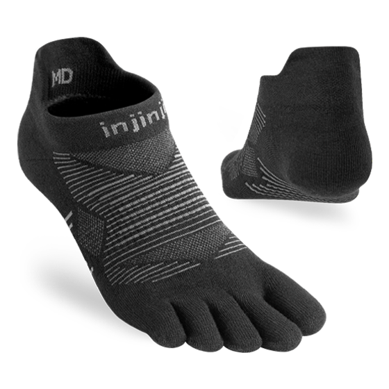 Injinji Run Lightweight No-Show - Unisex black five-toe running socks designed for blister prevention and low bulk on all surfaces