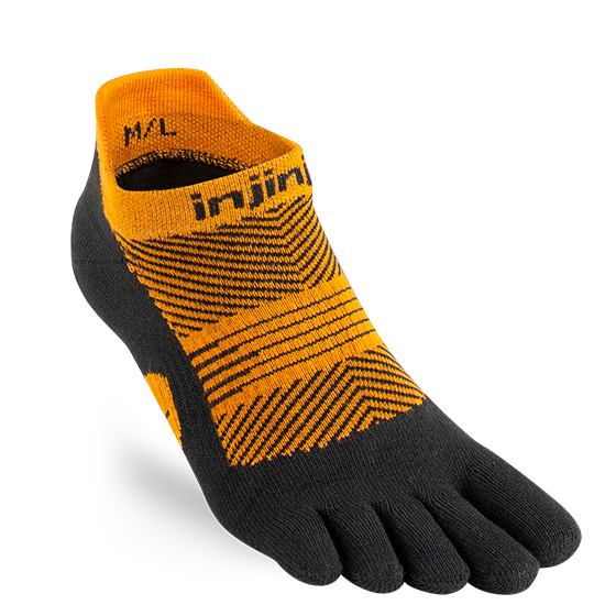Run Lightweight No-Show - Women by Injinji in black and orange, low-bulk running socks with narrow fit and stretch for comfortable runs