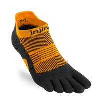 Run Lightweight No-Show - Women by Injinji in black and orange, low-bulk running socks with narrow fit and stretch for comfortable runs