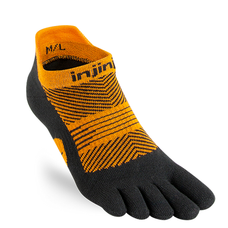 Run Lightweight No-Show - Women by Injinji in black and orange, low-bulk running socks with narrow fit and stretch for comfortable runs