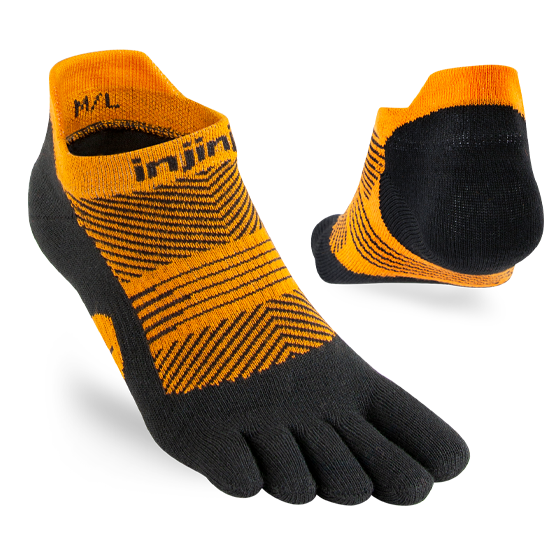 Run Lightweight No-Show - Women by Injinji in black and orange, low-bulk socks with narrow fit and stretch, ideal for running and athletic use