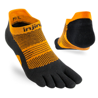 Run Lightweight No-Show - Women by Injinji in black and orange, low-bulk socks with narrow fit and stretch, ideal for running and athletic use