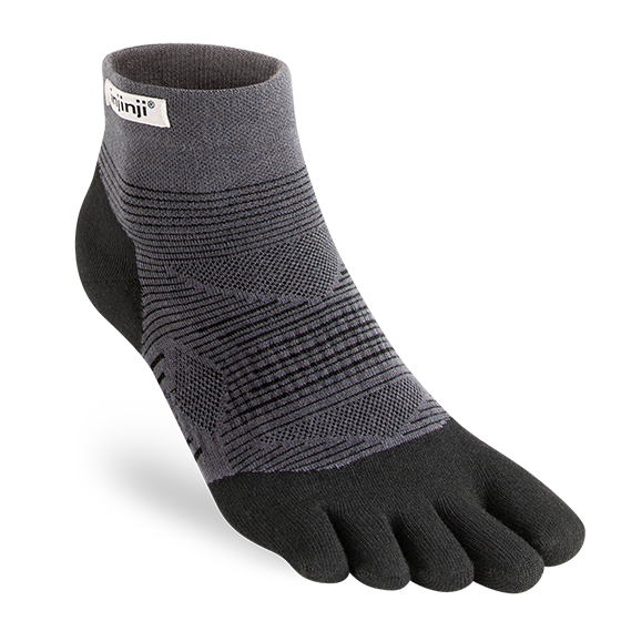 Run Lightweight Mini-Crew - Unisex by Injinji in black and grey, no-blister five-toe socks for running comfort and performance