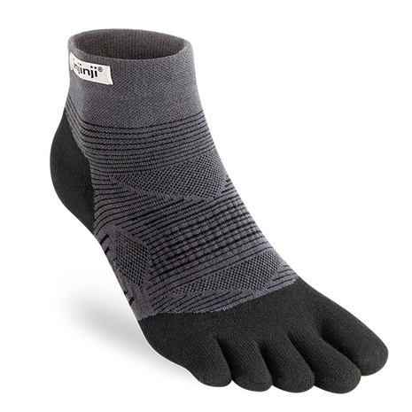 Run Lightweight Mini-Crew - Unisex by Injinji in black and grey, no-blister five-toe socks for running comfort and performance