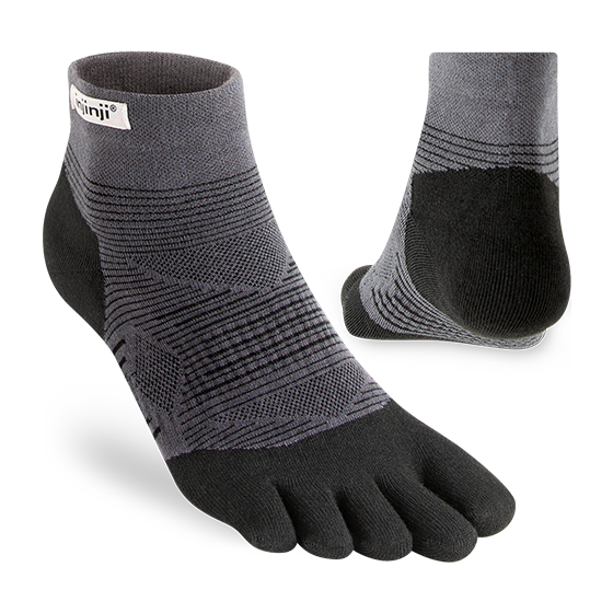 Run Lightweight Mini-Crew - Unisex by Injinji in black and grey, breathable socks designed for blister-free running and optimal comfort