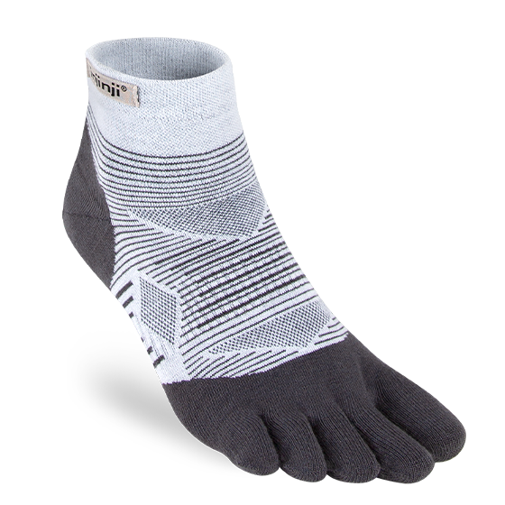 Run Lightweight Mini-Crew - Unisex by Injinji in grey and black, lightweight toe socks designed to prevent blisters for running and active use