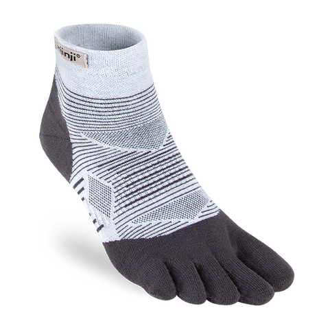 Run Lightweight Mini-Crew - Unisex by Injinji in grey and black, lightweight toe socks designed to prevent blisters for running and active use