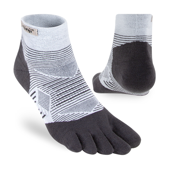 Run Lightweight Mini-Crew - Unisex by Injinji in black and light grey, blister-preventing socks for running with breathable, restriction-free fit
