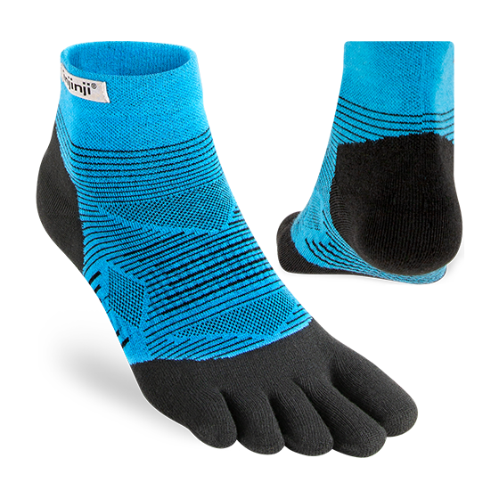Run Lightweight Mini-Crew - Unisex by Injinji in blue and black, breathable socks designed for blister-free running and comfort
